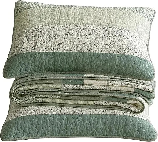 Chezmoi Collection Reed 2-Piece Chic Patchwork Striped Quilt Set - Green Floral Coverlet - Pre-Washed Cotton Lightweight Reversible Bedspread, Twin Size