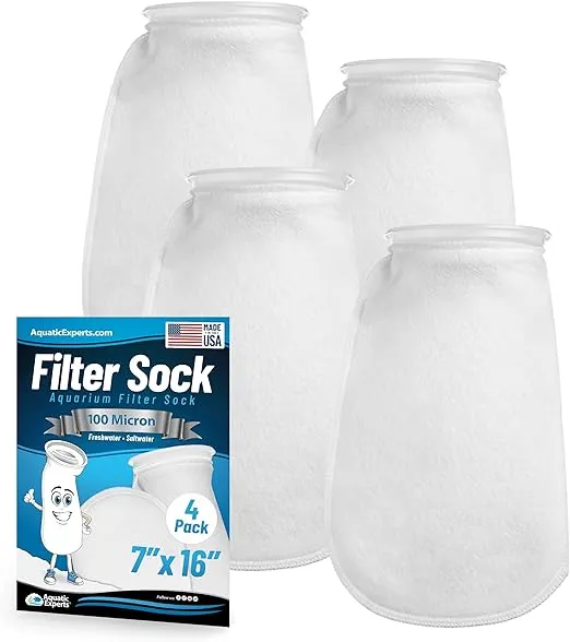Aquatic Experts 7 Inch Filter Sock - 100 Micron Felt Filter Sock, Filter Socks for Saltwater Aquarium, Fish Tank Sump Filter Sock, Freshwater Aquarium Socks, Reef Filter Sock, (7"x16", 4 Pack)