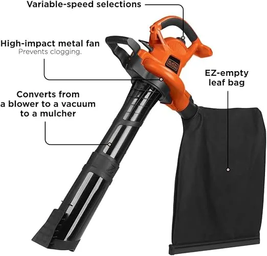 BLACK+DECKER 3-in-1 Electric Leaf Blower, Leaf Vacuum/Mulcher, Corded, 12-Amp (BV6600)