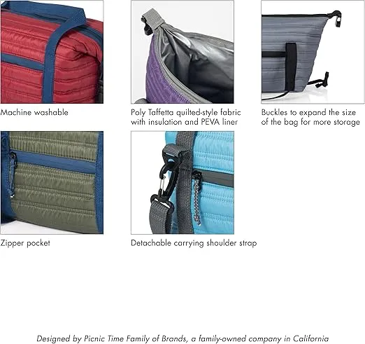 PICNIC TIME Midday Quilted Washable Insulated Lunch Bag, Soft-sided Lunch Box, Lunch Cooler Bag, (Shale Brown), 6 x 14 x 8.5