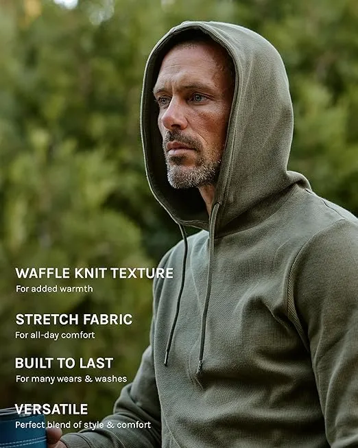 INTO THE AM Waffle Knit Pullover Hoodie for Men S-4XL Slim Fit Fall Knitted Waffleknit Textured Thermal Hooded Sweater
