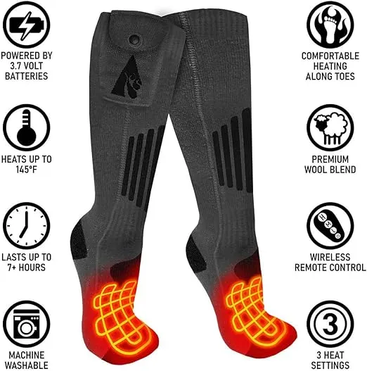 ActionHeat 3.7V Rechargeable Battery Heated Socks 2.0 with Remote Control – Cotton and Wool Thermal Socks – Electric Heating Socks for Cold Weather Outdoor Activities – Grey/Black