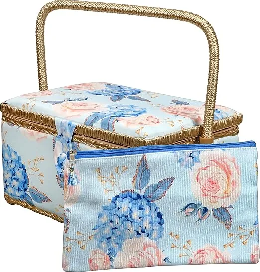 SINGER Sew'n Stow Sewing Basket and Zipper Pouch-Hydrangeas Print 00045