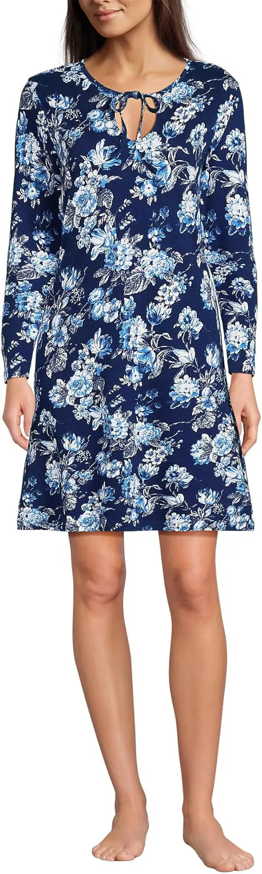 Lands' End Women's Cotton Interlock Long Sleeve Above the Knee Nightgown