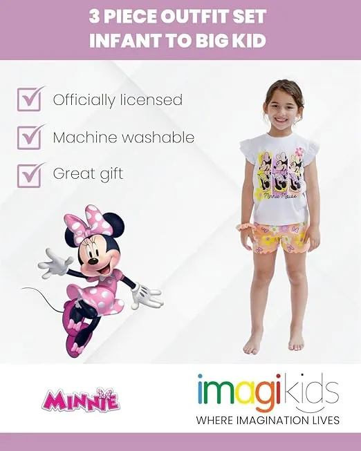 Disney Minnie Mouse T-Shirt French Terry Shorts and Scrunchie 3 Piece Outfit Set Infant to Big Kid