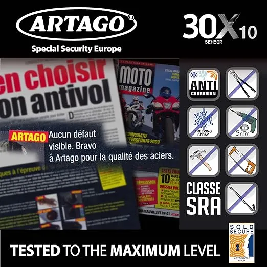 Artago 30X10 High-End Motorcycle Disc Lock with or without 120dB Alarm + Don't Touch System, 5mm Anti-Drill Security, SRA Approved, 10mm Double Locking Hardened Steel, Moto Anti Theft Wheel Brake Lock