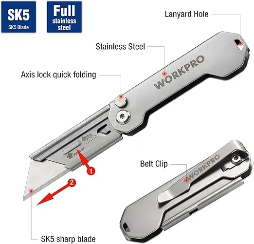 WORKPRO EDC Folding Utility Knife, Mini Box Cutter with Quick Open Axis Lock, Quick Change Blade Razor Knife, Foldable Small Pocket Knife with Belt Clip
