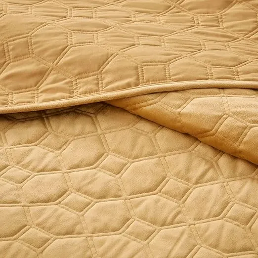 Madison Park Harper Quilt Set Velvet Casual Geometric Stitching Design All Season, Lightweight Coverlet, Cozy Bedding, Matching Shams, King/Cal King(104"x94"), Mustard 3 Piece