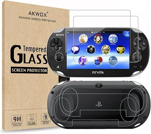 (4-Pack) 2 Front+2 Back Covers Screen Protectors for Sony PlayStation Vita 1000, Akwox 9H Tempered Glass Front Screen Protector and HD Clear PET Back Screen Protective Film for PS Vita PSV 1000