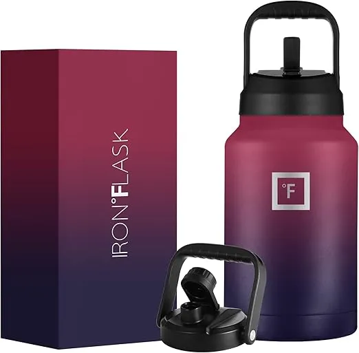 IRON °FLASK Sports Water Bottle - Gallon Series - 2 Lids (Straw and Spout), Leak Proof, Vacuum Insulated Stainless Steel, Double Walled, Thermo Mug, Metal Canteen Jug Growler - Dark Rainbow, 128 Oz