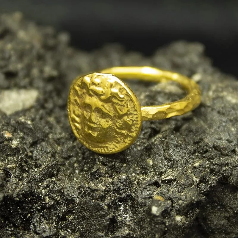 Greek Medusa Signet Ring | 24K Gold Plated 925 Sterling Silver | Ancient Art Jewelry | Hammered Coin Silver Ring | Dainty Gift by Pellada