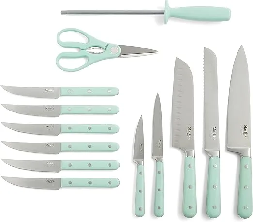 MARTHA STEWART Eastwalk 14 Piece High Carbon Stainless Steel Cutlery Knife Block Set w/ABS Triple Riveted Forged Handle Acacia Wood Block - Martha Blue