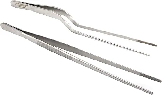 O'Creme Culinary Stainless Steel Tweezer Tongs Set of 2 - One 10 Inch Straight and One 8 Inch Offset (Silver)