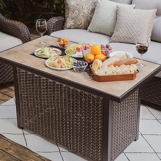 Nuu Garden Outdoor 43 Inch 50,000 BTU Propane Gas Fire Pit Table, Ceramic Tabletop, Water-Proof Oxford Cover, Glass Fire Pit Wind Guard, Glass Beads, Lid Included, Dark Brown and Coffee