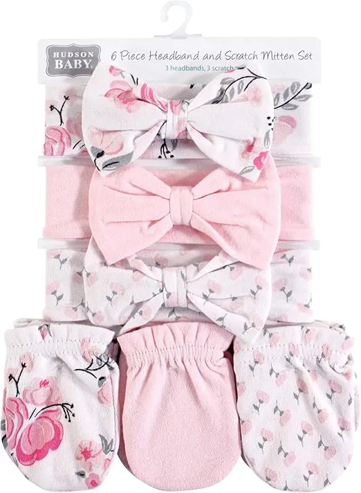 Hudson Baby Baby Girls' Cotton Headband and Scratch Mitten Set