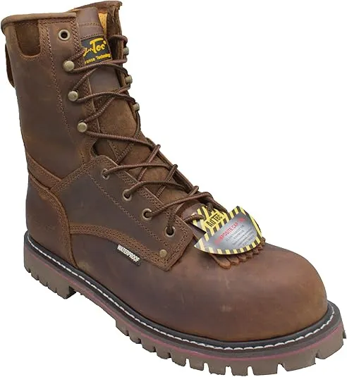 Ad Tec Men's 1021 Brown 8" Waterproof Crazy Horse Leather Logger Work Boots | Composite Safety Toe, Goodyear Welt Construction, Electrical Hazard Outsole, Oil Resistant Lug Sole
