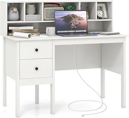 COSTWAY Writing Desk with USB Charging Ports & Power Outlets, 48" Computer Desk with Drawers & 5-Cubby Hutch, Study Table Computer Work Station for Home Office, White