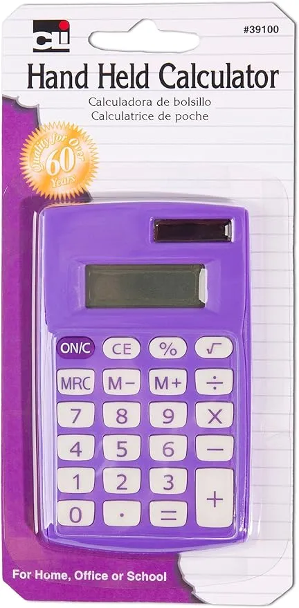 Charles Leonard Hand Held Calculator, Battery and Solar Powered with 8 Digit Display, Assorted Colors (39100)