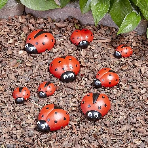Ladybug Garden Stones - Decorative Outdoor Ornaments - Set of 9