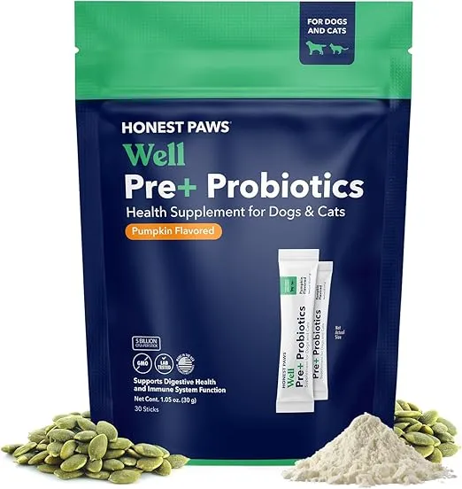 Honest Paws Probiotics for Dogs - Dog Digestion Gut Health Probiotic Powder with Prebiotic Made in The USA, Digestive and Immune Support - Digestive Enzymes with Pumpkin Flavor (30 Sticks)