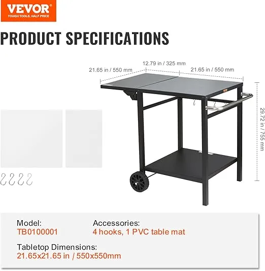 VEVOR Outdoor Grill Dining Cart with Double-Shelf, BBQ Movable Food Prep Table, Multifunctional Foldable Iron Table Top, Portable Modular Carts for Pizza Oven, Worktable with 2 Wheels, Carry Handle