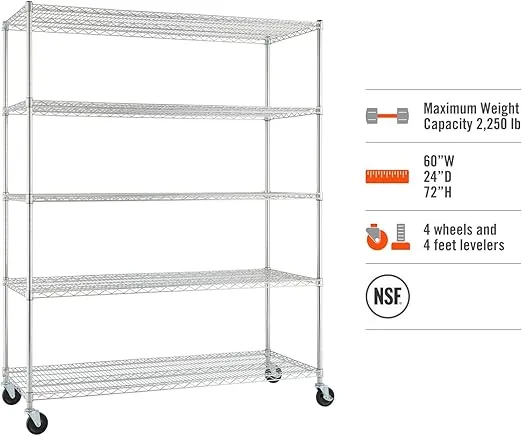 TRINITY Basics TBFC-0931 5-Tier Adjustable Wire Shelving with Wheels for Kitchen Organization, Garage Storage, Laundry Room, NSF Certified, 600 to 2250 Pound Capacity, 60” by 24” by 77”, Chrome