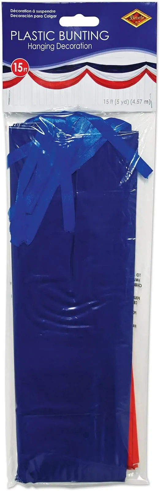 Beistle Patriotic Plastic Bunting, 3’ x 15’ – Red, White & Blue Memorial Day & 4th Of July Decorations, Holiday Summer Barbecue Themed Party Supplies, Picnic Celebration & Parade Float Decor