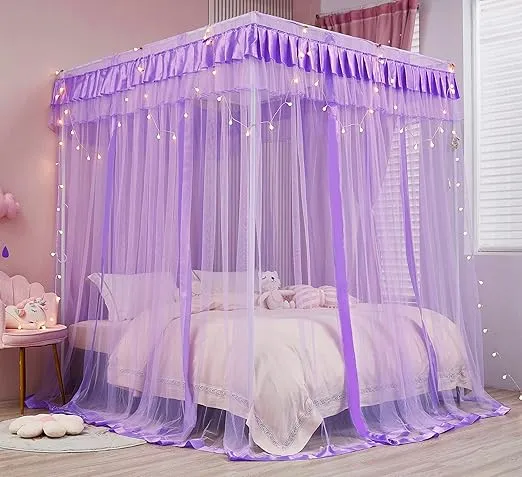 Mengersi Canopy Bed Curtains Queen Size - Bed Canopy Curtains - 4 Opening Canopy for Bed- Cute Princess Bedroom Decoration Gift (Purple, Queen)