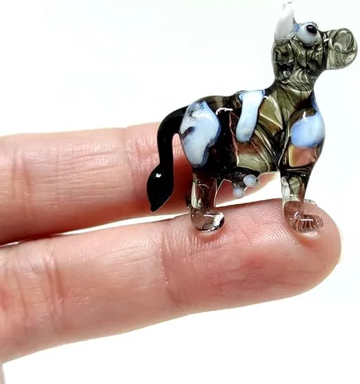 Cow Tiny Figurines Hand Blown Color Glass Art Animals Collectible Gift Home Decor, Black White