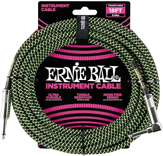 Ernie Ball Braided Instrument Cable, Straight/Angle, 18ft, Neon Green/Black (P06082)