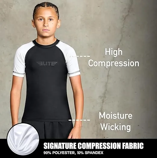 Elite Sports Kids' Jiu Jitsu BJJ Rash Guard, Short Half Sleeve Compression Shirt for Youth Boys Girls Sports Nogi Training