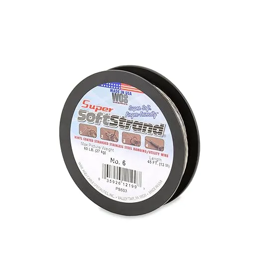 Super Softstrand, Vinyl-Coated Stranded Stainless Steel Picture Wrapping Wire, Size #6, 60 lb / 27 kg, 45 ft / 13 m