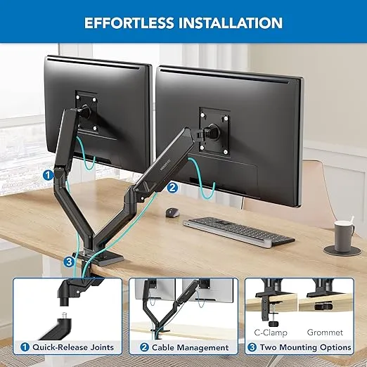 Mount-It! Full Motion Dual Monitor Mount with Spring Arms, 17" to 32", Full Motion Monitor Arm with Tilt, Rotation, Swivel, Height Adjustment, Clamp or Grommet, Fits VESA 75x75 and 100x100 - Black