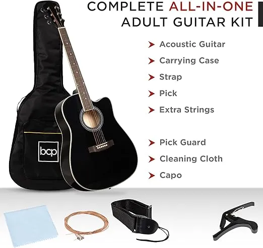 Best Choice Products 41in Beginner Acoustic Guitar Full Size All Wood Cutaway Guitar Starter Set Bundle with Case, Strap, Capo, Strings, Picks - Black