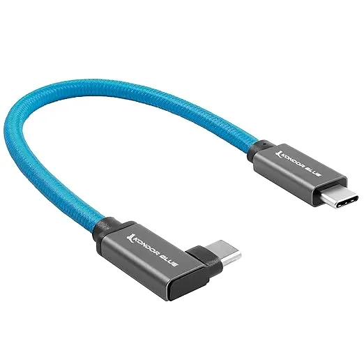 KONDOR BLUE | Right Angle 8.5" USB-C Braided Cable for 8K Data and Power Delivery | 10 Gb/s Transfer Speed, USB PD 100W Charging, & Nylon Braided with Reinforced Metal Connectors | Blue