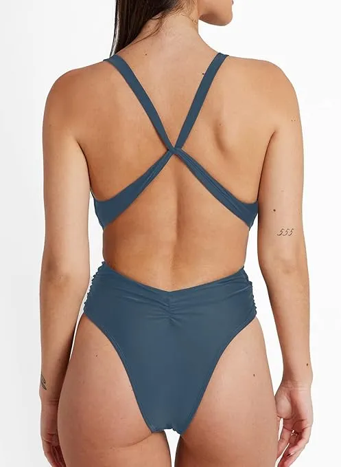 CUPSHE One Piece Swimsuit for Women Bathing Suit Cut Out Cross Back Tie Deep V Neck Ruched High Cut