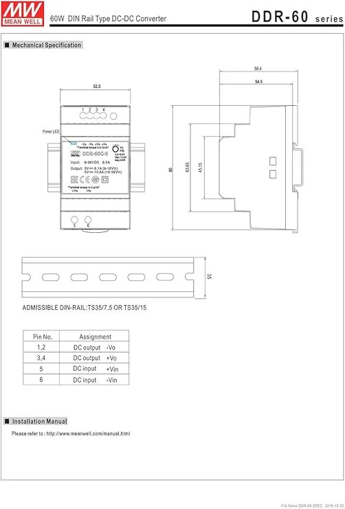Original MEAN WELL DDR 60W DIN Rail DC-DC Converter Input 18-75V DC to 24V DC 2.5A 60W meanwell Power Supply Power Converter Transformer (24V/48Vdc to 24Vdc)