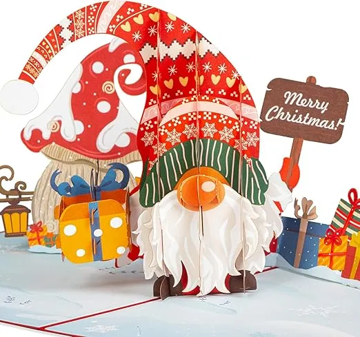 Paper Love 3D Pop Up Christmas Card, Santa Gnome, Gift for Christmas or Holidays, 5" x 7" Cover - Includes Envelope and Removable Note Tag