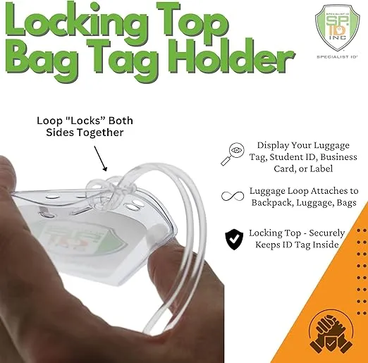 5 Pack - Clear Plastic Luggage Identification Tags with Loops Included - Business Card or Photo Insert Bag Tags - Great for Travel and Student ID’s by Specialist ID (Locking Top)