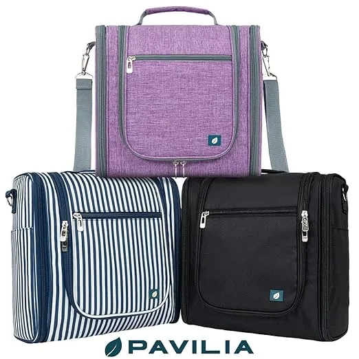 PAVILIA Extra Large Toiletry Bag Travel Bag for Women Men, Hanging Cosmetic Organizer, Water Resistant Makeup Bag for Accessories Toiletries, Travel Essentials Kit (Black)