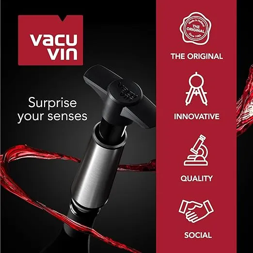 Vacu Vin Wine Saver Pump Black with Vacuum Wine Stopper - Keep Your Wine Fresh for up to 10 Days - 1 Pump 2 Stoppers - Reusable - Made in the Netherlands