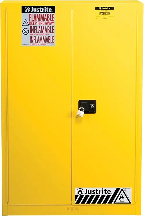 Justrite 60 Gallon Manual Close Paint and Ink Safety Cabinet, 18 Gauge Steel, 5 Shelves, 43" x 65" x 18", 2 Door Combustibles Cabinet, Yellow, 894510
