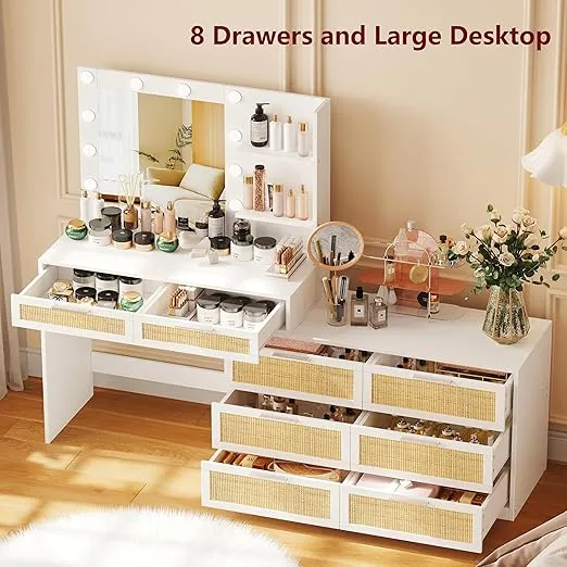 Rovaurx 65" Vanity Desk with Lighted Mirror, 8 Drawers Makeup Vanity Table with Storage Shelf, Modern Dresser with Mirror, Dressing Table for Bedroom, Adjustable Width, White and Natural RSZT109WM