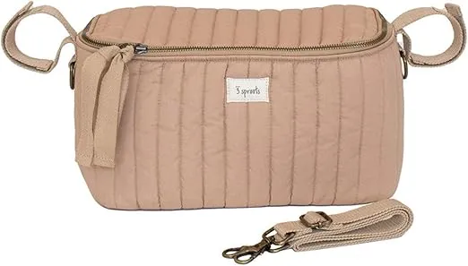 3 Sprouts Universal Quilted Stroller Organizer with Cup Holder and Zip Top - Durable Stroller Caddy Accessory with Storage - Shoulder Strap Converts Organizer to Small Diaper Bag - Clay
