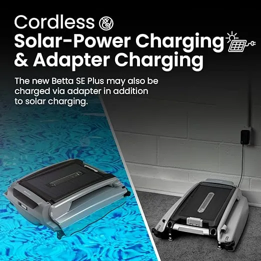 Betta SE Plus - Solar Powered Robotic Pool Surface Skimmer with Dual Charging Options and 30-Hour Continuous Cleaning Battery Power, Shallow Water Safeguard, and Twin Salt Chlorine Tolerant Motors
