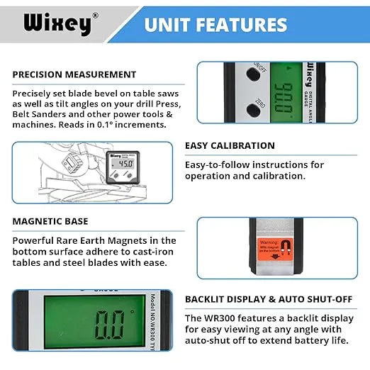 Wixey WR300 Digital Angle Finder Gauge with Magnetic Angle Finder Base and Backlit Digital Display Angle Ruler - 180 Degree Digital Electronic Level Accessory for Woodworking Tools