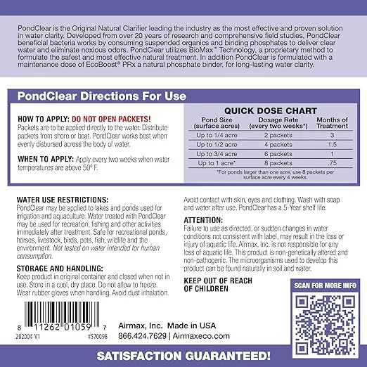 Airmax PondClear Packets, Beneficial Bacteria & Enzyme Clarifier Treatment with Ecoboost PRx, Clear & Clean Pond & Lake Water, Safe for Fish, 12 Count