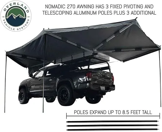 Overland Vehicle Systems HD Nomadic Awning 270 Driver Side - Dark Gray Cover with 1000G PVC Black Travel Cover Universal Fitment - Mounting Brackets Included