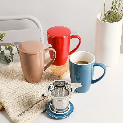 Sweejar Porcelain Tea Infuser Cup with Lid, 16 oz Tea Cup with Strainers for Loose Leaf Tea, Microwave and Dishwasher Safe Coffee Mug, Tea Steeping Mug for Tea Drinkers,Christmas Gift (Brown)
