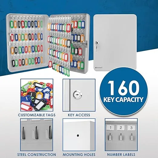 Barska Key Lock Key Cabinet Lock Box with Numbered Hooks and Tags - 160 Position - Color Tags